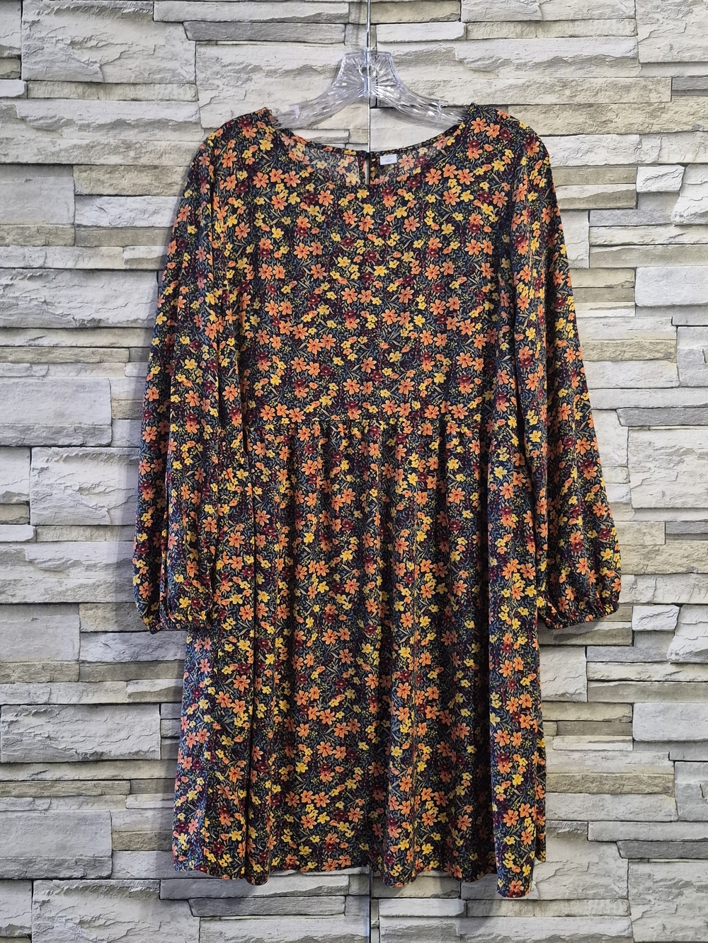 ​Old Navy Dress Women M Black Floral Swing Long Sleeve Boho Cottagecore Casual